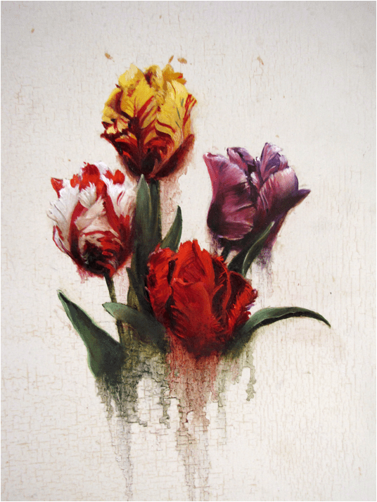 A painting of flowers in a vase on the wall.