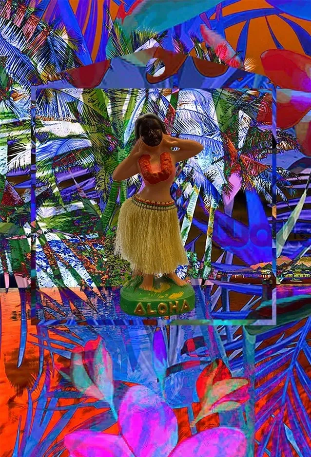 A hula dancer in the middle of a jungle.